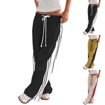 Полосатые брюки для женщин, широкие брюки с завязками на талии, мешковатые повседневные спортивные брюки с карманами L бежевый