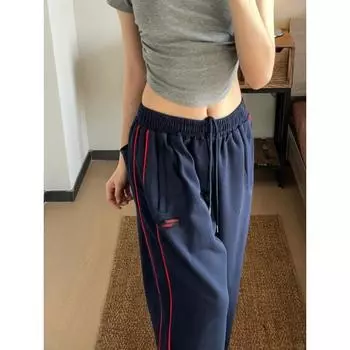 Полосатые брюки до пола детские универсальные свободные и тонкие широкие брюки повседневные спортивные прямые брюки S тёмно-синий