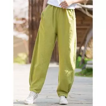 Полосатые брюки в стиле ретро из льна, однотонные карманы, эластичная резинка на талии из рами, свободные женские брюки L бежевый