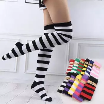 Полосатые чулки для косплея в стиле аниме для женщин и девочек, длинные чулки, высокая мода выше колена, милые эластичные теплые черные, красные, белые, зеленые one size
