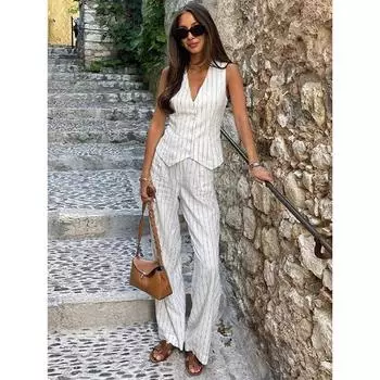 Полосатые длинные брюки женские комплекты V-образный вырез без рукавов однобортный топ-майка широкие брюки весна-лето женские костюмы M
