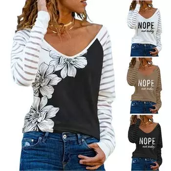 Полосатые футболки, женские повседневные милые футболки с буквенным принтом и длинными рукавами, мягкие удобные осенние кружевные рубашки больших размеров S