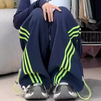 Полосатые контрастные брюки широкого кроя, брюки для гардероба, мужские и женские, повседневные спортивные брюки в стиле ретро с эластичной резинкой и завязками S