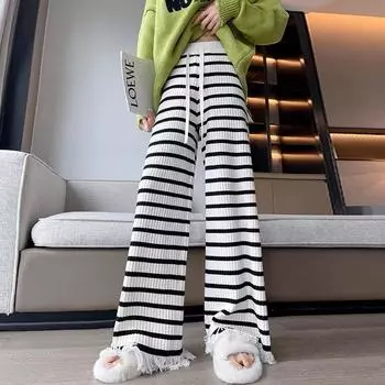 Полосатые мягкие трикотажные брюки для женщин на осень и зиму, брюки с высокой талией и широкими штанинами, прямые свободные повседневные брюки с кисточками one size белый