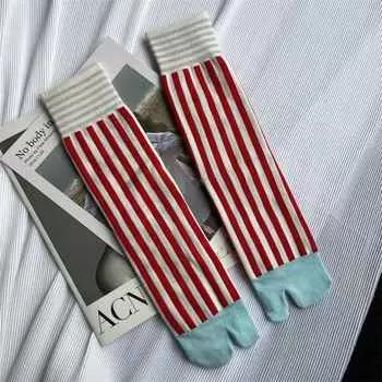 Полосатые носки в стиле ретро, носки в стиле Харадзюку с раздельным носком, хлопковые носки, разноцветные чесаные носки, японские спортивные модные женские носки средней длины 20cm серый