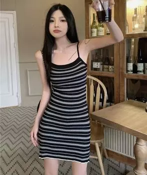 Полосатые платья для женщин, мини-бретельки, корейский стиль, студенческая одежда без рукавов, летнее женское платье One Size