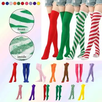 Полосатые рождественские носки выше колена фиолетовые носки женские зеленые чулки носки из твила One Size