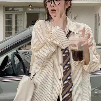 Полосатые рубашки с рукавами реглан и завязками, весна-осень, женские японские свободные блузки с длинным рукавом, женские универсальные ретро-топы S