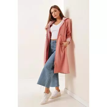 Полосатые рукава с складками, талия со складками, тренч с капюшоном