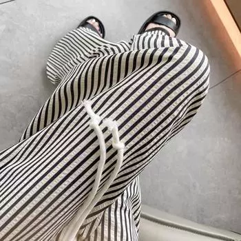 Полосатые широкие брюки для женщин на лето с высокой талией, свободные повседневные прямые брюки длиной до пола, женские брюки S