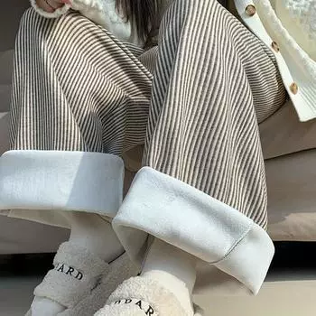 Полосатые широкие брюки женские осень-зима с плюшевой свободной посадкой с высокой талией повседневные брюки для женщин универсальные прямые брюки женские S серый