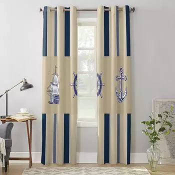 Полосатые шторы с изображением штурвала корабля и якоря для спальни, гостиной, оконных штор, жалюзи, кухонного декора, занавесок 135W x 60H(cm) x1