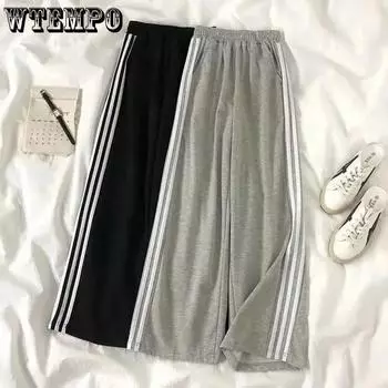 WTEMPO Полосатые спортивные штаны женские уличные свободные широкие брюки Harajuku мешковатые джоггеры корейская мода повседневные брюки S чёрный