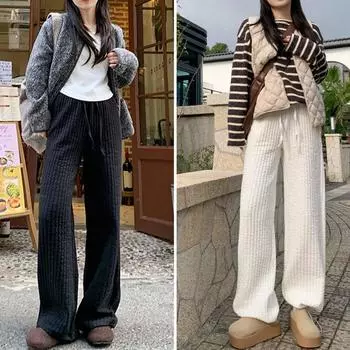 Полосатые стеганые повседневные брюки женские осенне-зимние эластичные прямые брюки с высокой талией женские однотонные модные утолщенные широкие брюки женские S чёрный