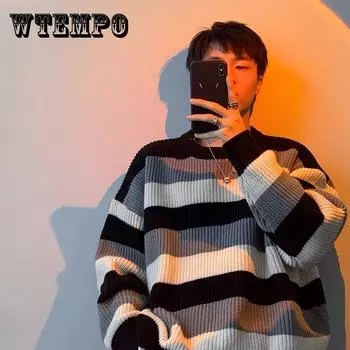 Полосатые свитера мужские свободные пуловеры с круглым вырезом мужские зимние утолщенные теплые мягкие топы вязаные винтажные корейские стиль модные красивые M коричневый