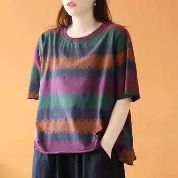 Полосатые свободные футболки больших размеров, летние с коротким рукавом и контрастным принтом, универсальные уличные повседневные топы, винтажная модная женская одежда XXXXXL фиолетовый