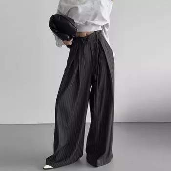 Полосатые свободные широкие брюки женские с высокой талией и карманами на шнуровке брючный костюм винтажные повседневные плиссированные брюки для поездок на работу S чёрный