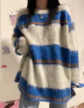 Полосатые вязаные свитера большого размера, женские пуловеры, трикотаж, корейские теплые топы с длинными рукавами, осень-зима S