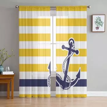 Полосатые желтые белые синие прозрачные шторы с якорем для украшения гостиной, оконные шторы для кухни, тюль, вуаль, шторы из органзы W135 x H115cm x1