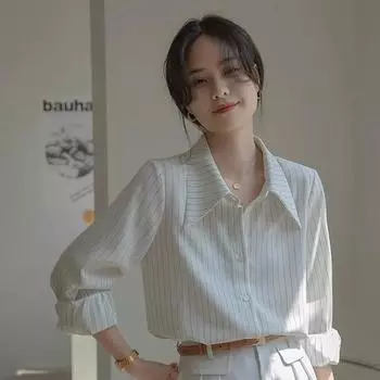 Полосатые женские белые рубашки корейские элегантные свободные длинные рукава женские блузки осень новые отложной воротник офисные женские повседневные топы S белый