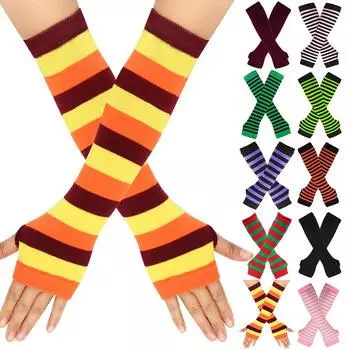 Полосатые зимние длинные перчатки с вязанными искусственными рукавами, теплые нарукавники без пальцев, накладки на половину пальца, мужские и женские рабочие перчатки из мягкой шерсти Free size
