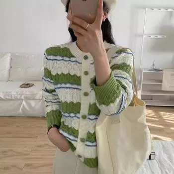 Полосатый ажурный вязаный кардиган топ женский весна новый корейский вариант короткий круглый вырез тонкий свитер прилив one size fits all зелёный