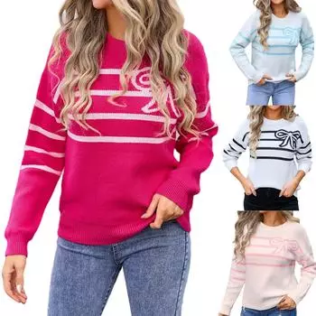 Полосатый бант с круглым вырезом и цветочным вязаным модным свитером L чёрный