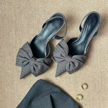 Полосатый бант с острым носком сзади пустые сандалии для женщин с тонким каблуком 34 серый