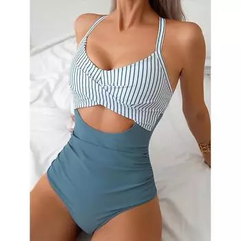 Полосатый цельный бикини женский купальник с высокой талией женский купальный костюм пляжная одежда лето S чёрный