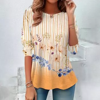 Полосатый цветочный принт Осенняя мода женские футболки Повседневные свободные футболки с круглым вырезом и длинными рукавами Топы Дизайнерские женские свитшоты S