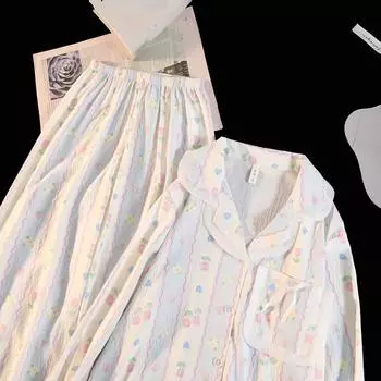 Полосатый цветочный принт женский пижамный комплект с воротником-лацканом осень-зима новая одежда для сна корейская мягкая модная пижама M