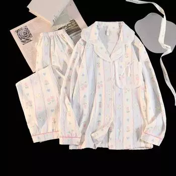 Полосатый цветочный принт женский пижамный комплект с воротником-лацканом осень-зима новая одежда для сна корейская мягкая модная пижама M