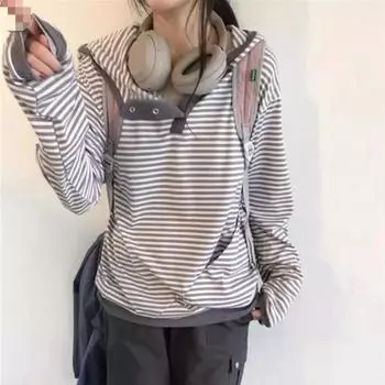 Полосатый длинный рукав повседневная мода с капюшоном женская одежда Y2k топ S светло-серый