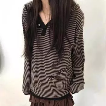 Полосатый длинный рукав повседневная мода с капюшоном женская одежда Y2k топ S светло-серый