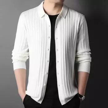 Полосатый длинный рукав трикотажный мужской длинный рукав кардиган весна новый мужской лацкан деловой повседневный M белый