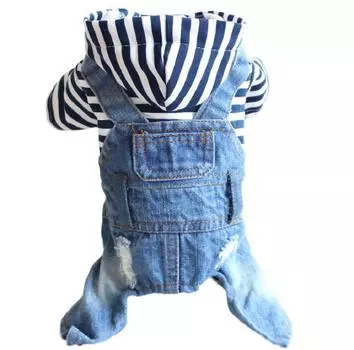 Полосатый джинсовый комбинезон для собак, размер M, для маленьких собак [Mt Ebocon] Одежда, С капюшоном, Выкройка, Парка, Комбинезон, Комбинезон, Собаки, Весна, Лето, Осень, Зима, Простой,