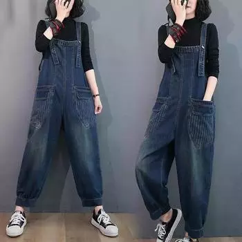 Полосатый джинсовый комбинезон с нашивками, женская осенняя корейская версия больших свободных прямых брюк, тонких и с высокой талией, цельнокроеных брюк M