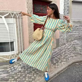 Полосатый фонарь рукава свободный спина женское длинное платье шнуровка летний праздничный женский халат S