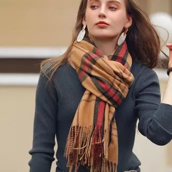 Полосатый клетчатый шарф, осенне-зимний женский кашемировый платок с кисточками, имитация кашемира бежевый