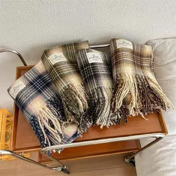 Полосатый клетчатый шарф женский зимний с бахромой для старшеклассников, простая теплая шаль above 175cm