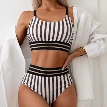 Полосатый комплект бикини с круглым вырезом и высокой талией, купальник для женщин, пляжный купальный костюм из двух предметов, купальники S кофейный