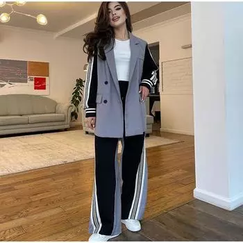 Полосатый контрастный цвет пиджак брюки костюмы женские пэчворк пуговицы вырезанный пиджак широкие брюки комплекты женский модный шикарный комплект S серый