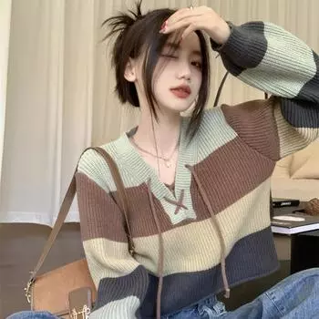 Полосатый контрастный кружевной вязаный свитер, женский осенне-зимний повседневный дизайн с v-образным вырезом, свободный кардиган с короткими рукавами, женский топ One Size светло-зеленый