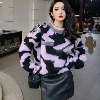 Полосатый контрастный свитер с круглым вырезом для женщин, осенне-зимний новый свободный и плотный трикотажный топ one size чёрный