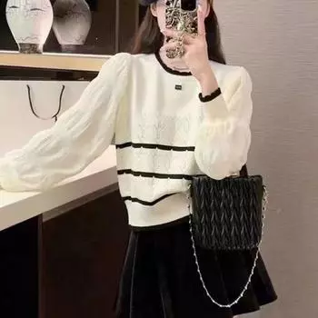 Полосатый контрастный свитер с объемными рукавами для женщин 2, новый женский весенний базовый свитер с внутренним слоем, милый и уменьшающий возраст вязаный топ One Size красный