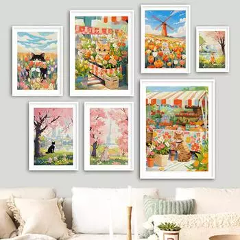 Полосатый кот, цветочный рынок, плакаты и принты, холст, картина, цветущая вишня, настенные художественные фотографии для гостиной, домашний декор, Куадрос 21x30cm No Framed красный