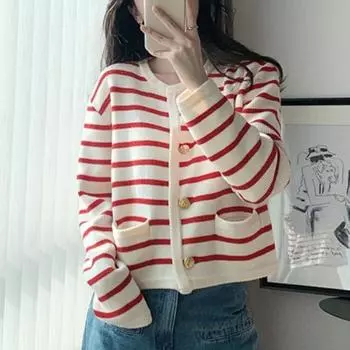 Полосатый круглый вырез вязаный кардиган для женщин осенняя свободная верхняя одежда женский короткий свитер пальто зимние элегантные облегающие винтажные кардиганы куртки 24916 S чёрный