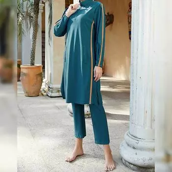 Полосатый купальник Полная объемная шапочка для плавания Брюки с длинными рукавами Солнцезащитный купальник L синий