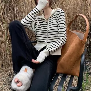 Полосатый лацкан с двойной молнией свитер для женщин ранняя осень короткий кардиган пальто верхняя одежда низ топ с длинными рукавами для женщин One size