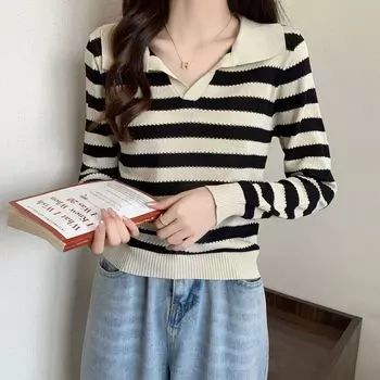 Полосатый лацкан вязаный свитер с длинными рукавами осенний облегающий крой универсальная модная верхняя одежда с цветными блоками базовый топ S абрикосовый